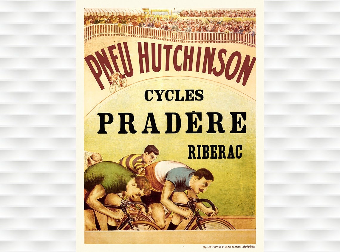 Pneu Hutchinson Cycles Pradere Riberac Velodrome Race Vintage Poster