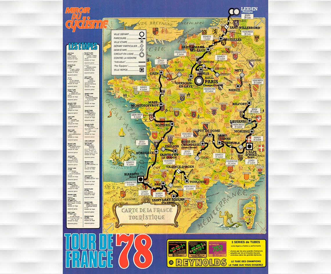 1978 Tour de France Vintage Route Map France Cycling Race Poster