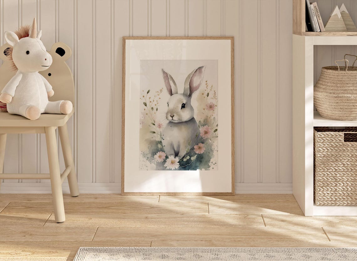 Cute White Baby Rabbit Watercolor Nursery Portrait Flowers Poster - Image 2