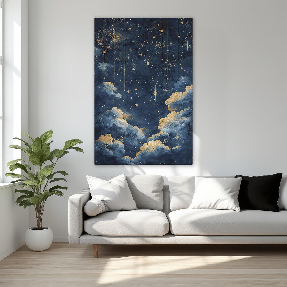 Celestial Night Sky With Golden Stars and Cloudscape Wall Art