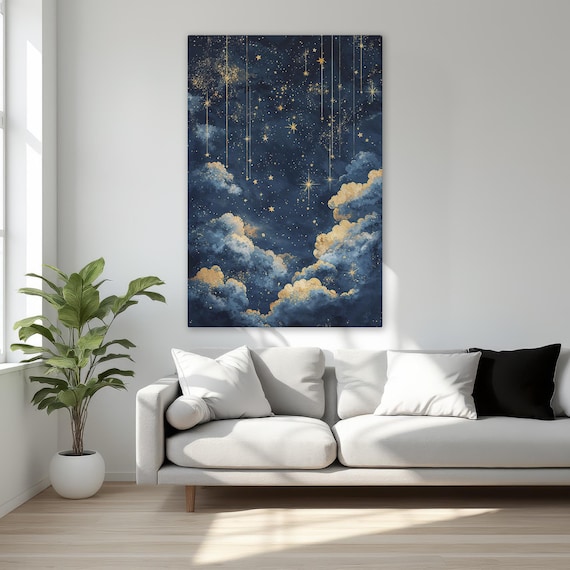 Celestial Night Sky With Golden Stars and Cloudscape Wall Art