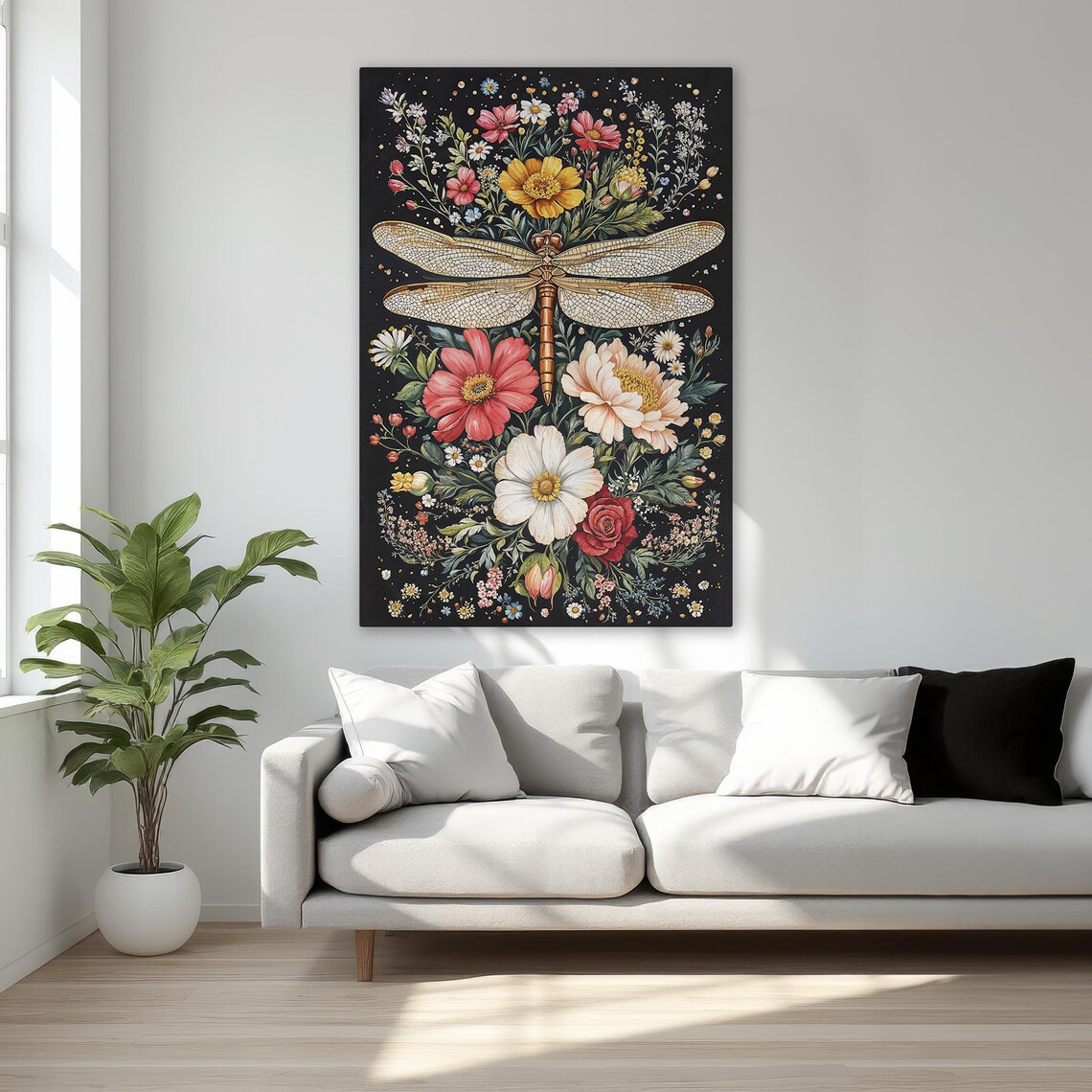Dragonfly and Colorful Wildflowers on Black Botanical Wall Art