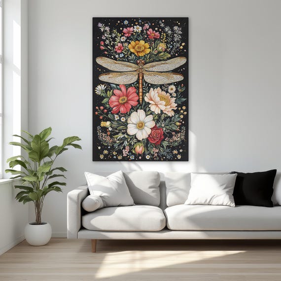 Stunning Dragonfly And Vibrant Wildflowers Framed Canvas Print Colorful Floral Wall Art Bohemian Decor For Home Ready To Hang