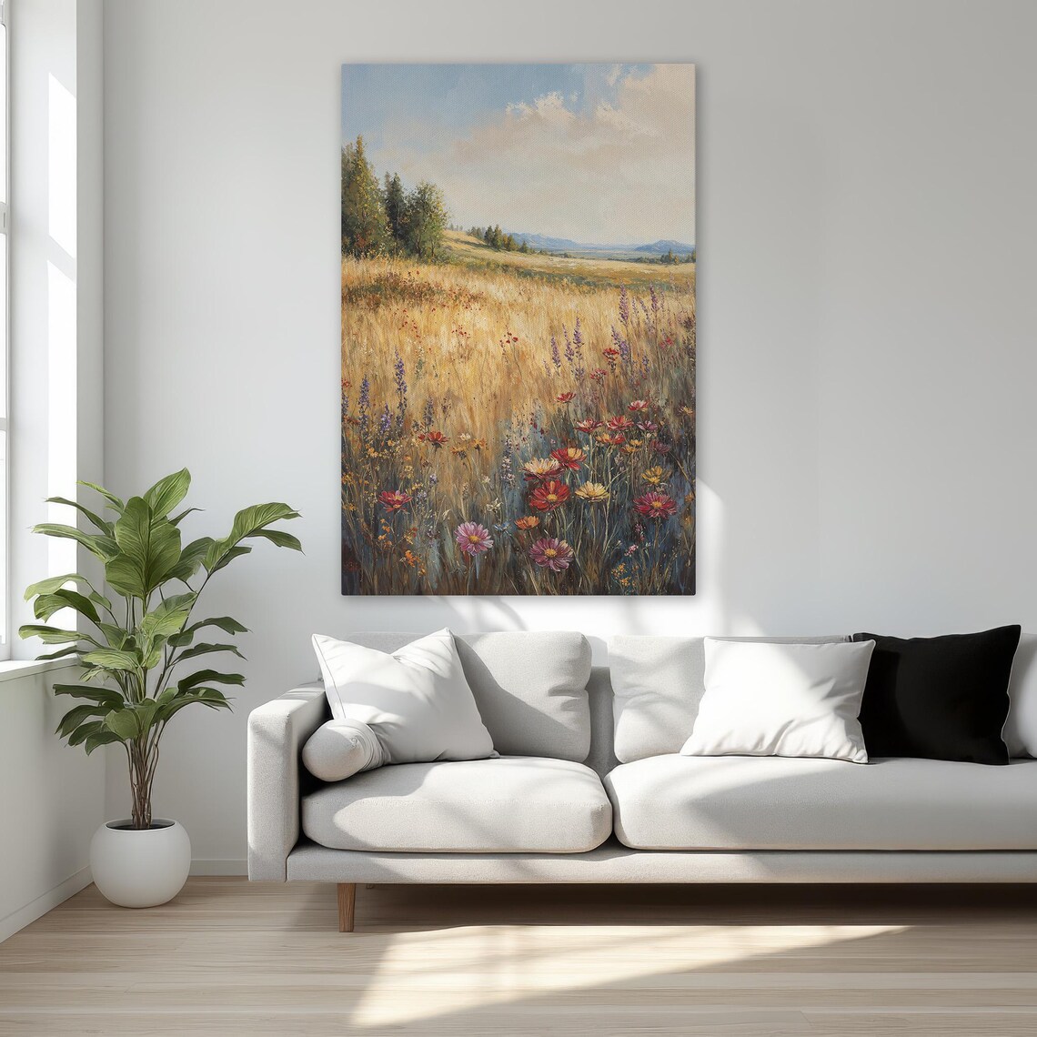 Golden Meadow Wildflowers Landscape Serene Nature Canvas Poster