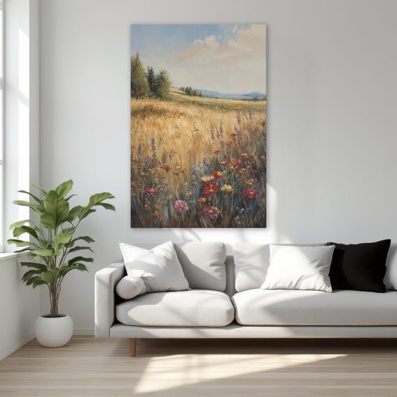 Meadow Landscape With Wildflowers And Blue Sky Framed Canvas Print Serene Nature Wall Art Vintage Minimalist Decor Ready To Hang