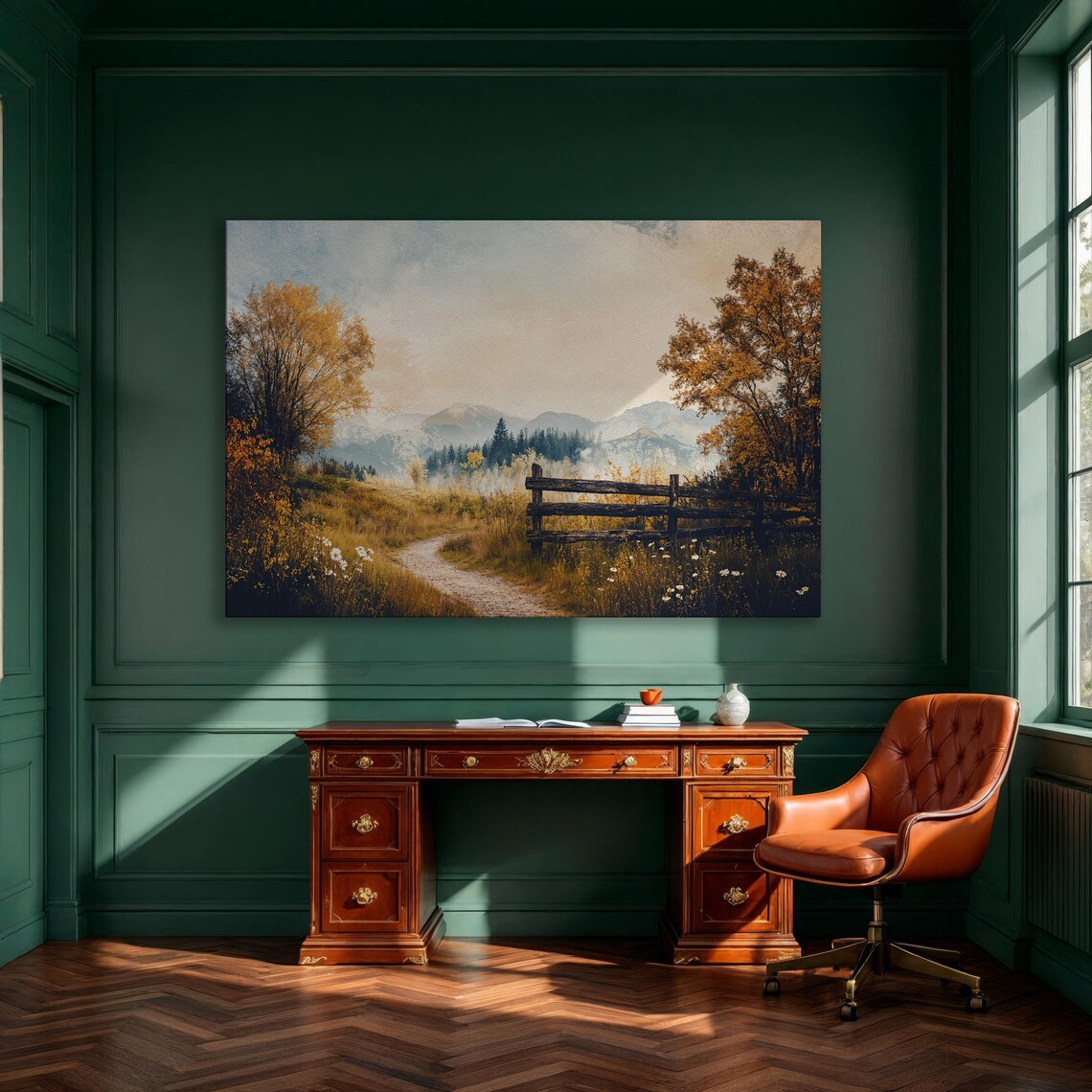 Autumn Mountain Path Canvas Poster With Golden Trees And Wooden Fence