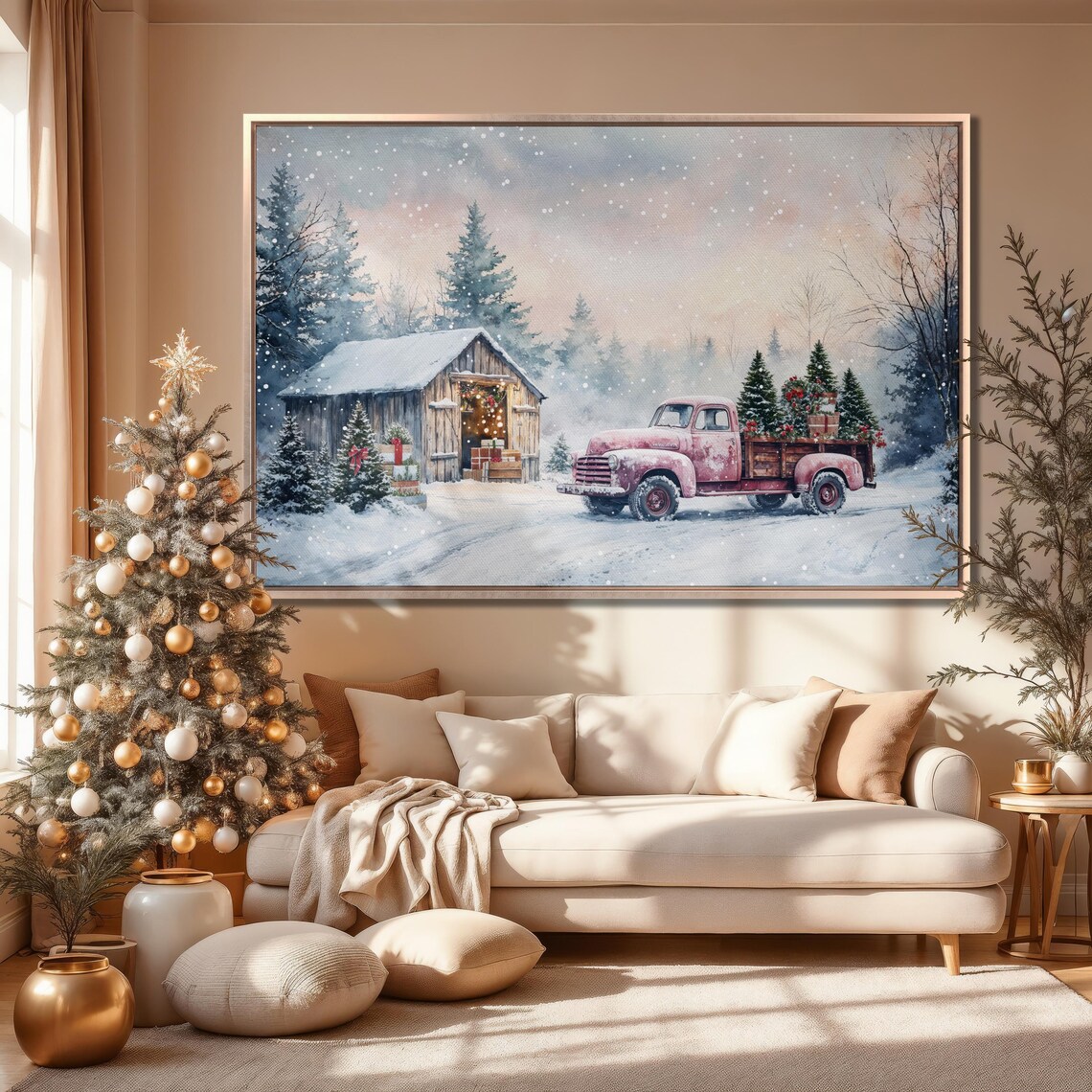 Snowy Christmas Barn With Red Vintage Pickup Truck Winter Poster