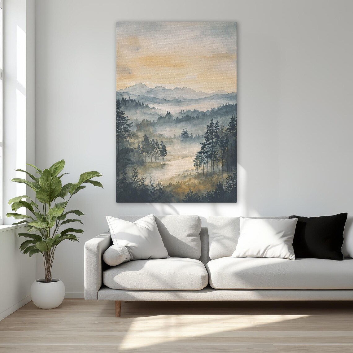 Golden Mist Forest Pines Sunrise Watercolor Landscape Poster