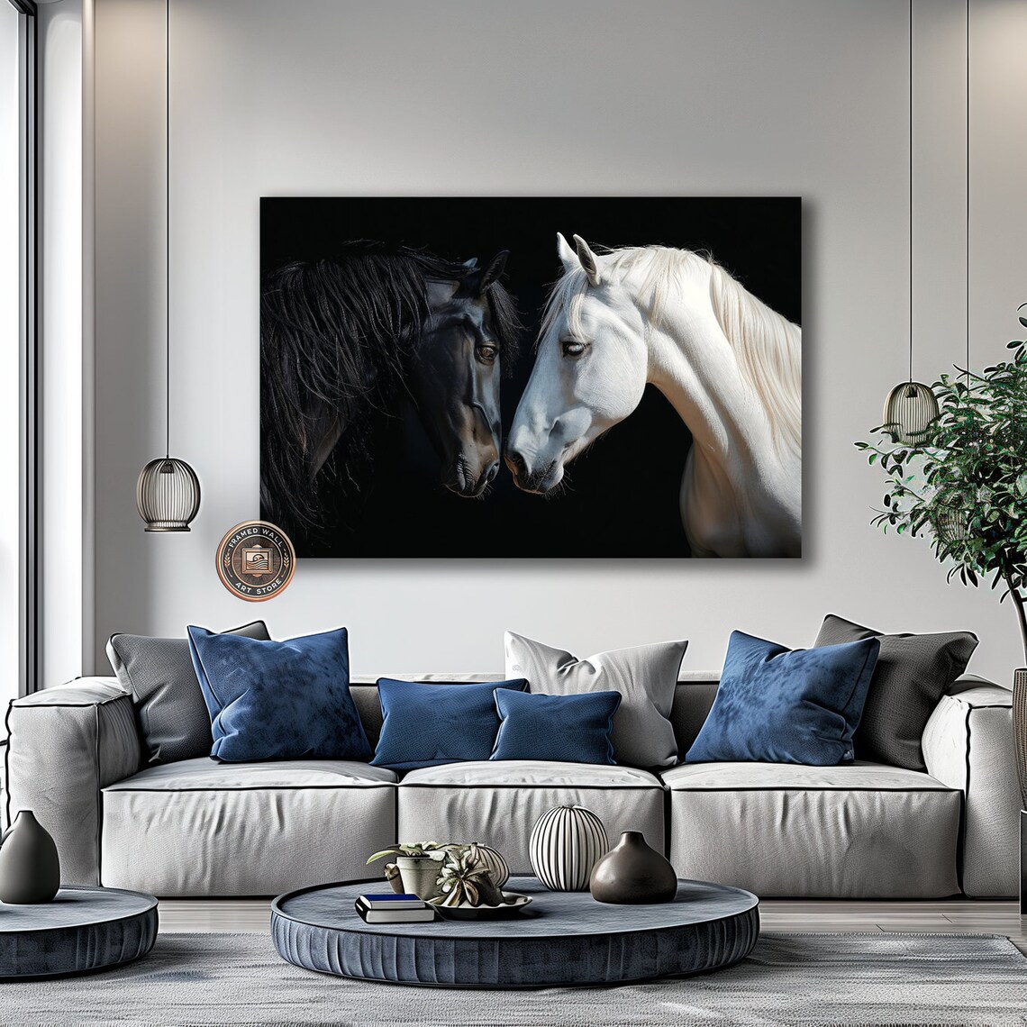 Black White Horse Portrait Pair Dark Background Equestrian Art Poster - Image 2