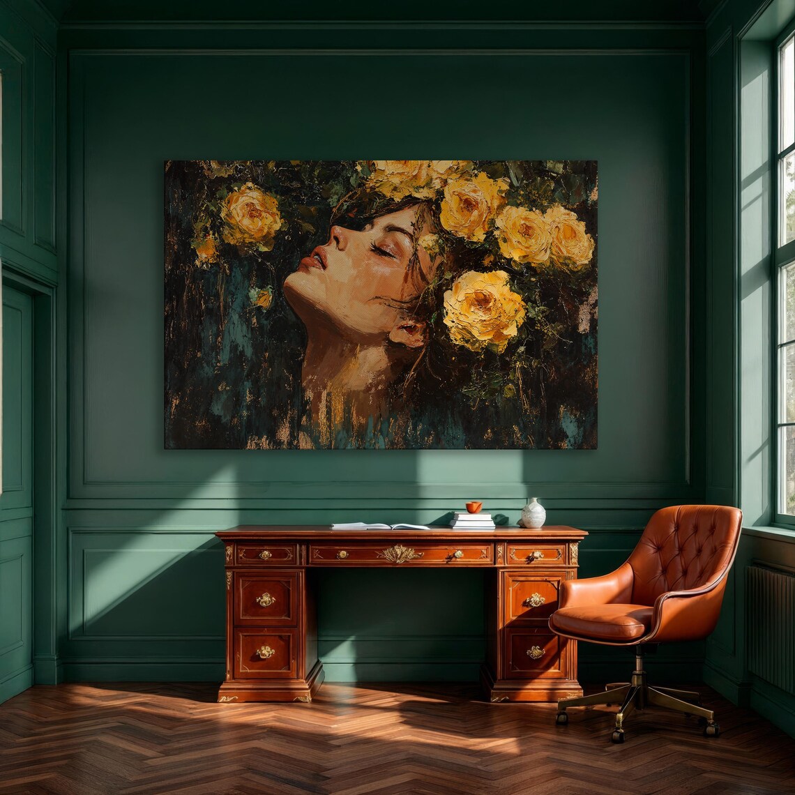 Beautiful Woman Among Yellow Roses Dark Romantic Oil Painting Print
