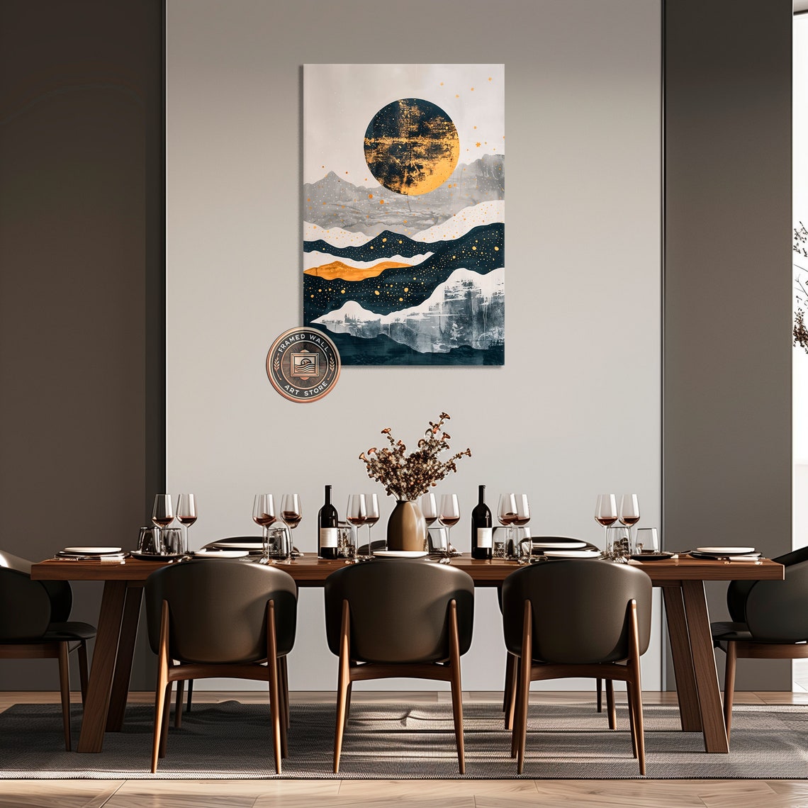 Golden Full Moon Over Layered Midnight Mountains Abstract Poster - Image 2