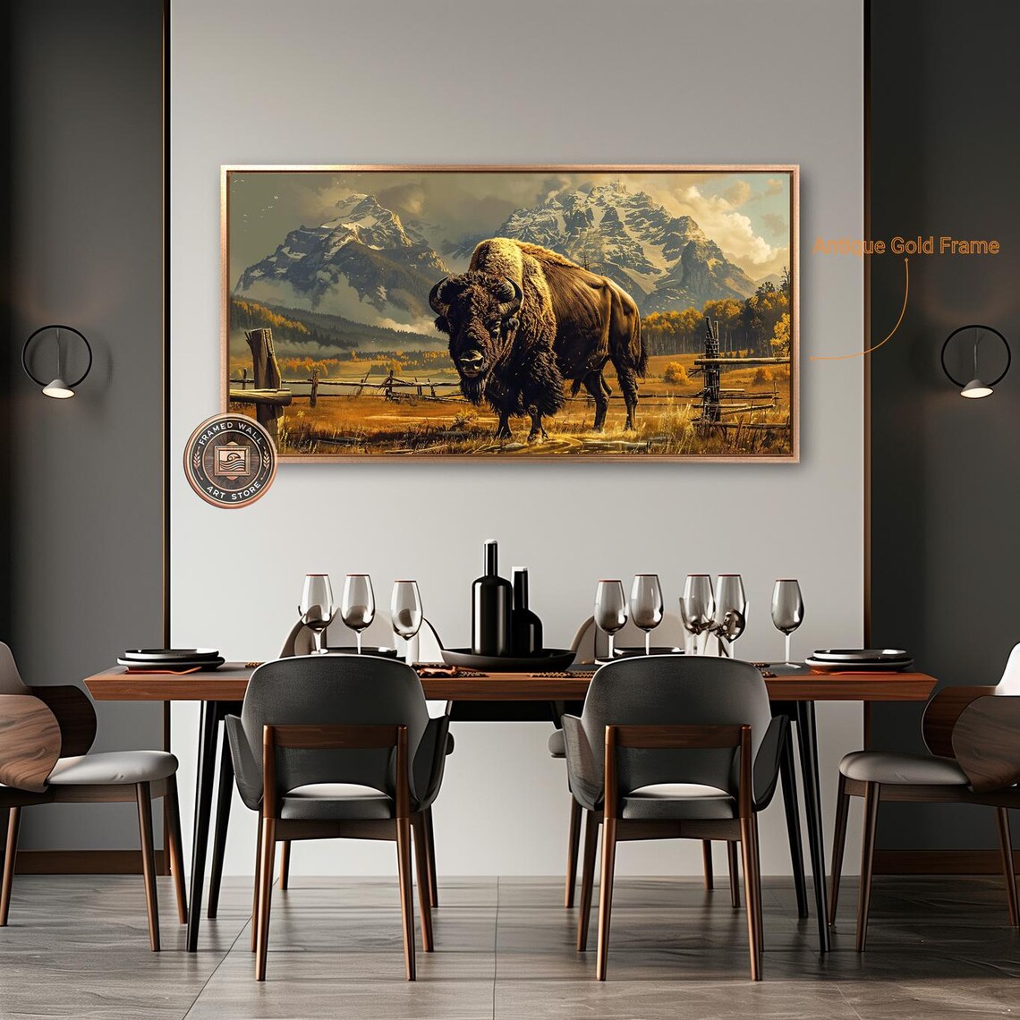 Bison Grazing In Fields Framed Print Snowy Mountains Landscape Wall Art Wildlife Painting Print Rustic Decor Ready To Hang - Image 2