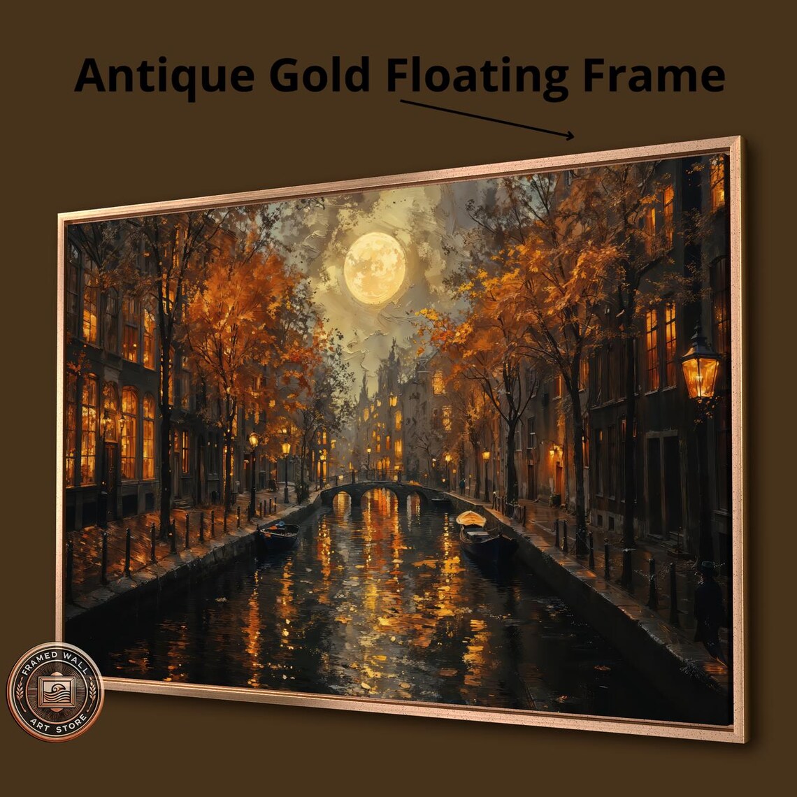 Moonlit Old Town Canal Night Lights Autumn Trees Cityscape Art Poster - Image 3