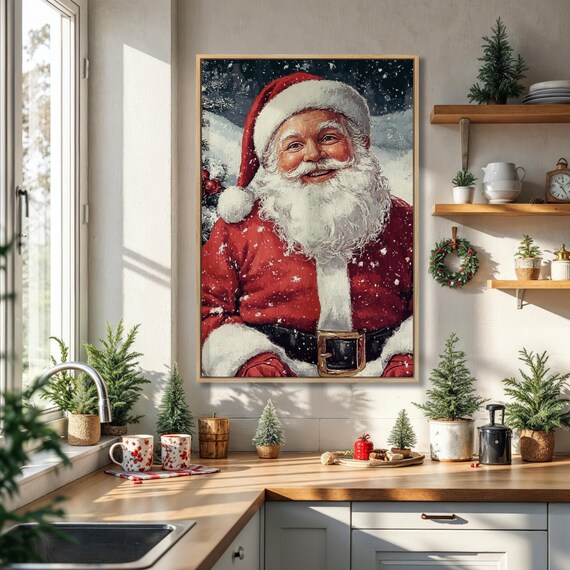 Smiling Santa Claus in Snowfall Red Suit Christmas Portrait Holiday Decor Poster