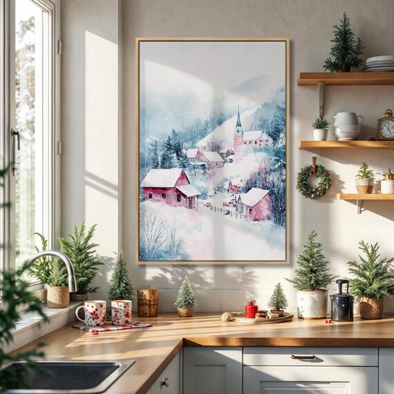 Snowy Winter Village With Red Barns And Church Watercolor Poster