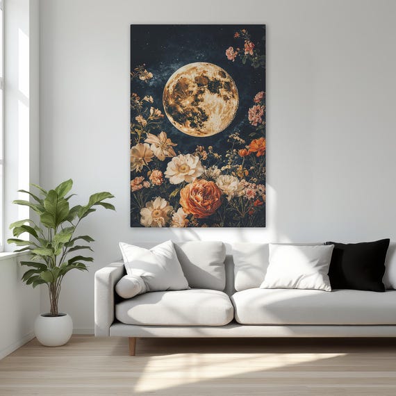 Magical Full Moon And Elegant Flowers Luxury Framed Canvas Print Celestial Space Wall Art Cosmic Floral Decor Ready To Hang