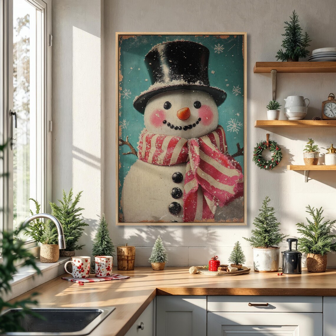 Vintage Snowman Portrait with Top Hat Christmas Holiday Wall Poster