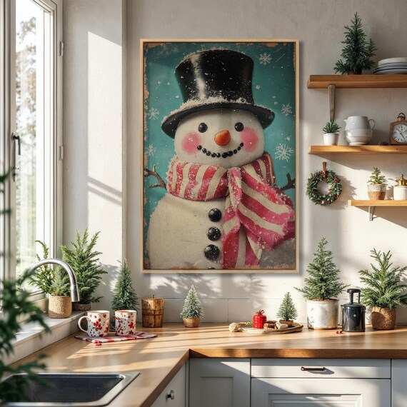 Vintage Snowman Portrait with Top Hat Christmas Holiday Wall Poster