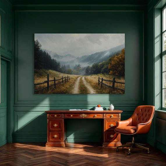 Misty Mountain Landscape Framed Canvas Print Mystical Forest And Country Road Wall Art Peaceful Nature Home Decor Ready To Hang
