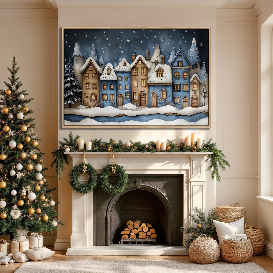 Christmas Town Framed Wall Art Festive Street Painting Print Blue Beige Snowy Houses Poster Winter Holiday Decor Gift Ready To Hang - Image 2