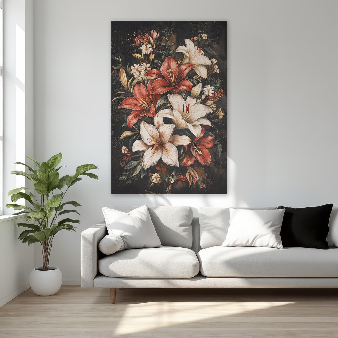 Red And White Lilies On Black Dramatic Botanical Floral Art Poster