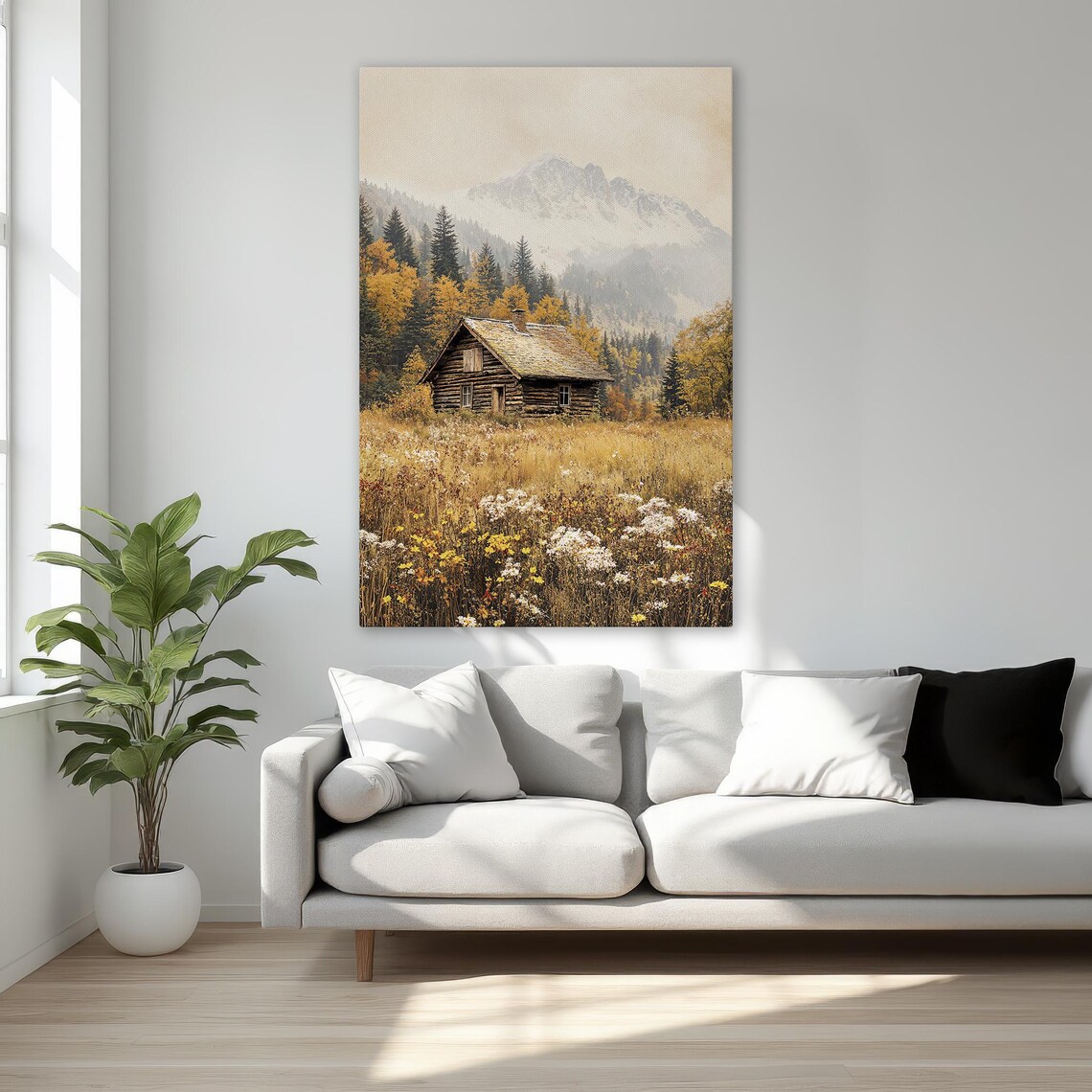 Log Cabin Wildflower Meadow Autumn Mountains Canvas Art Poster