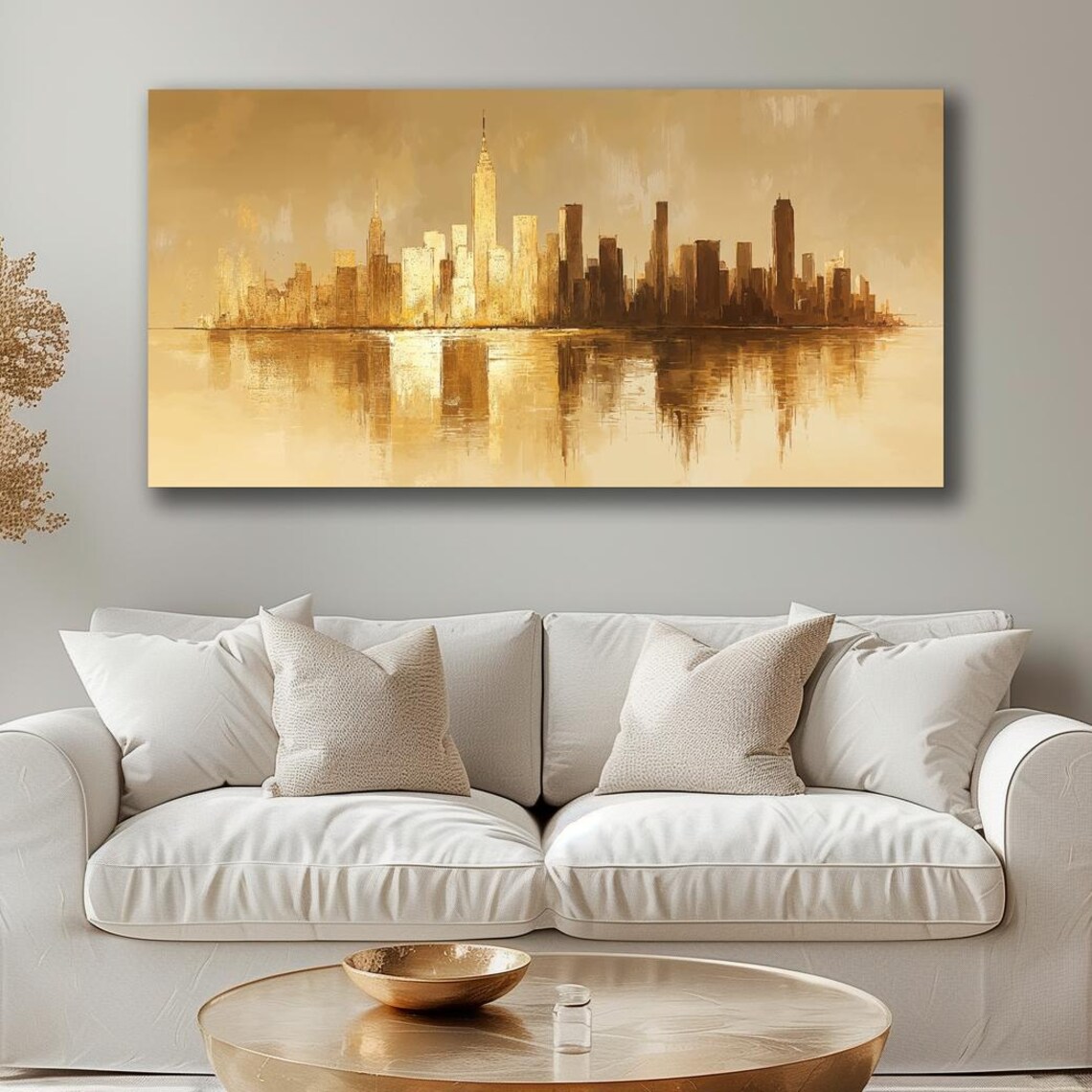 Golden City Skyline With Tall Spire Reflecting On Calm Water Poster - Image 2