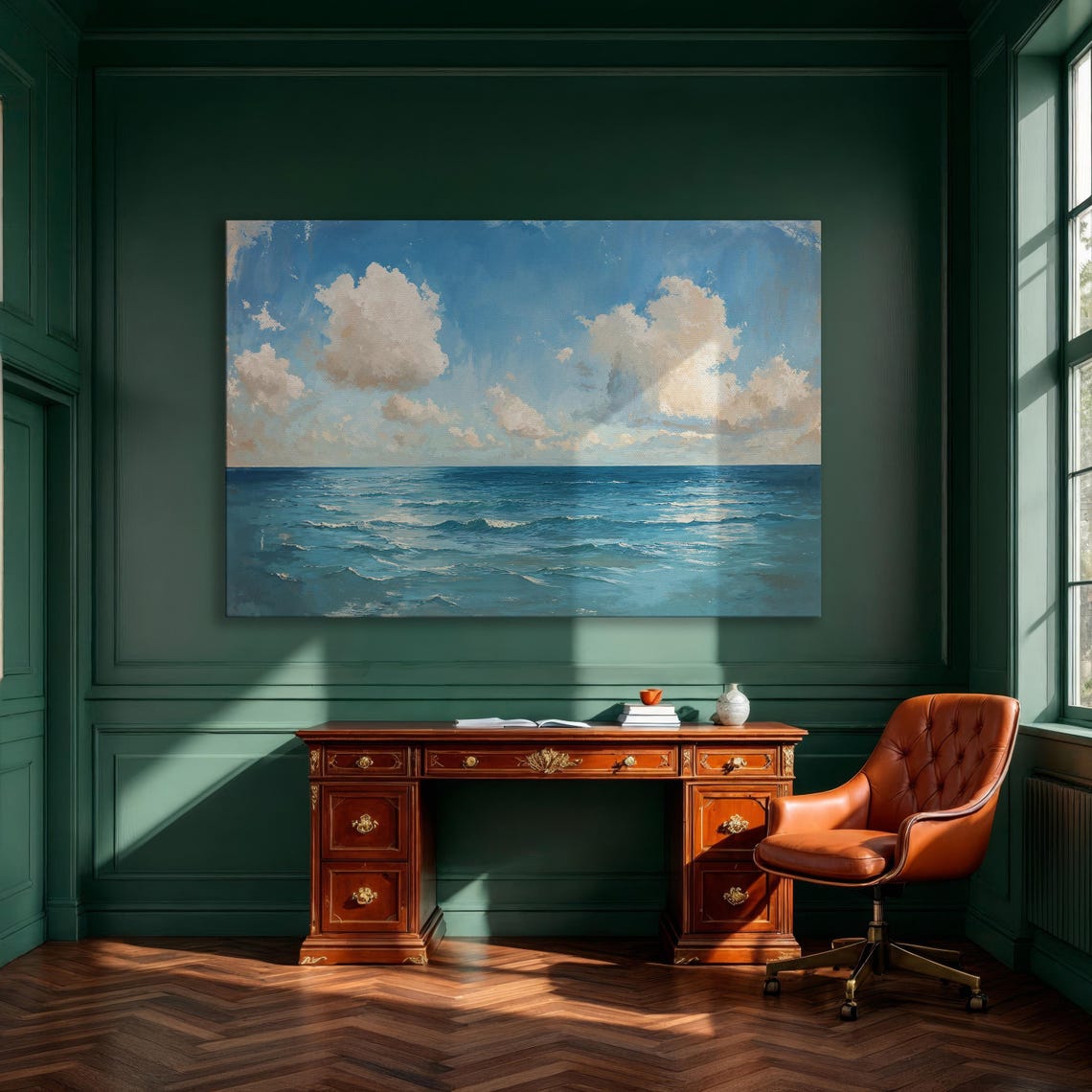 Calm Ocean Seascape With Rolling Waves Under a Cloudy Blue Sky Poster
