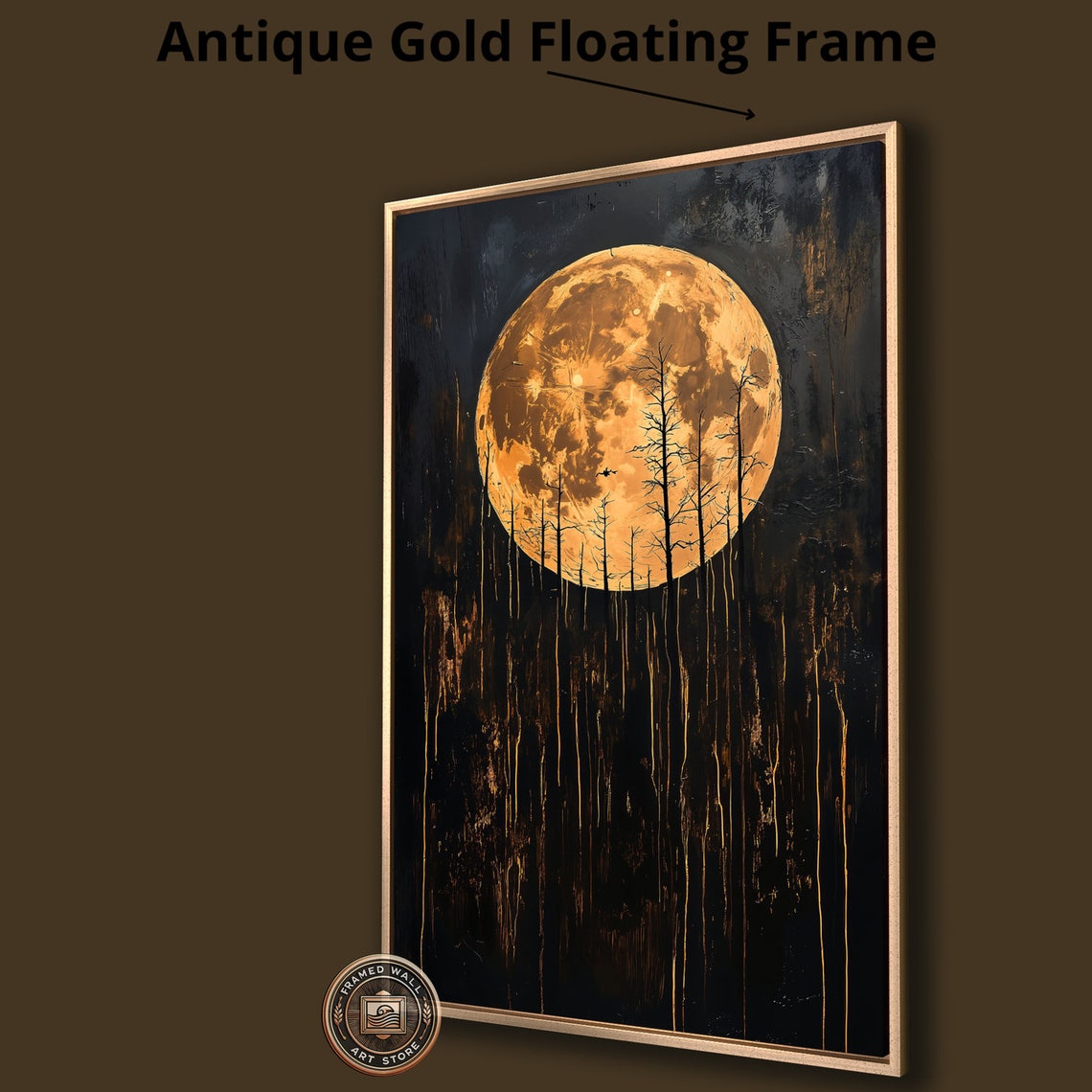 Golden Full Moon Dark Bare Forest Eerie Night Landscape Art Poster - Image 4