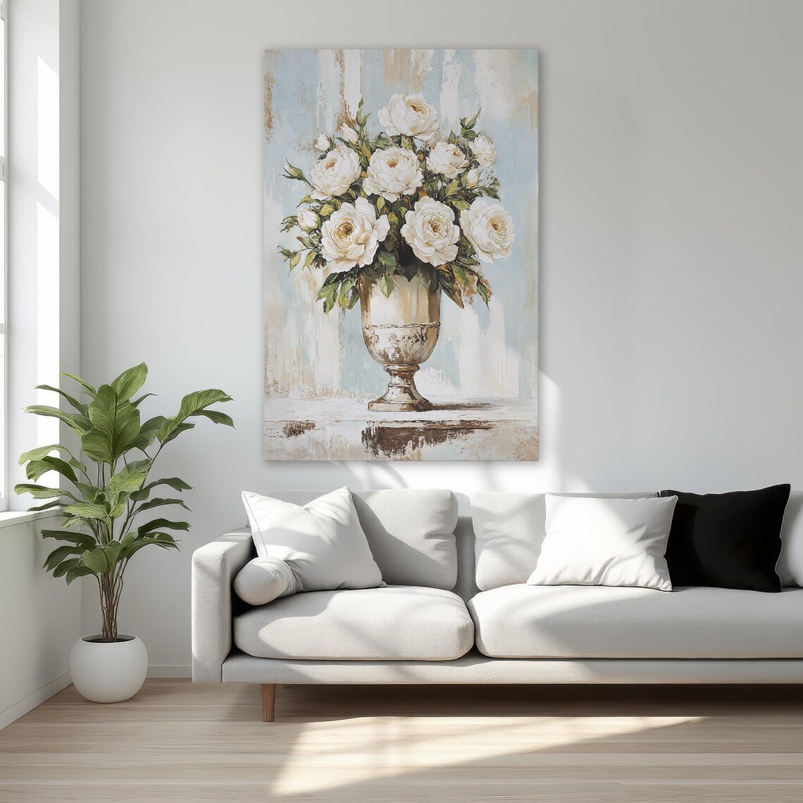 White Roses Bouquet In Vintage Urn Vase Floral Painting Art Poster