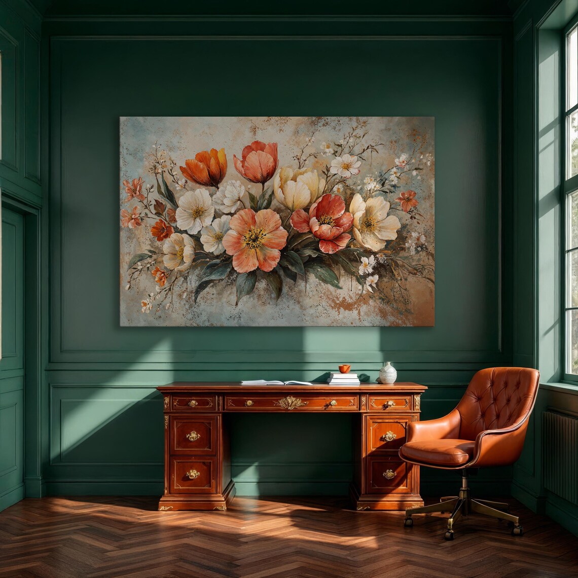 Red White Tulips Vintage Spring Bouquet Floral Canvas Poster