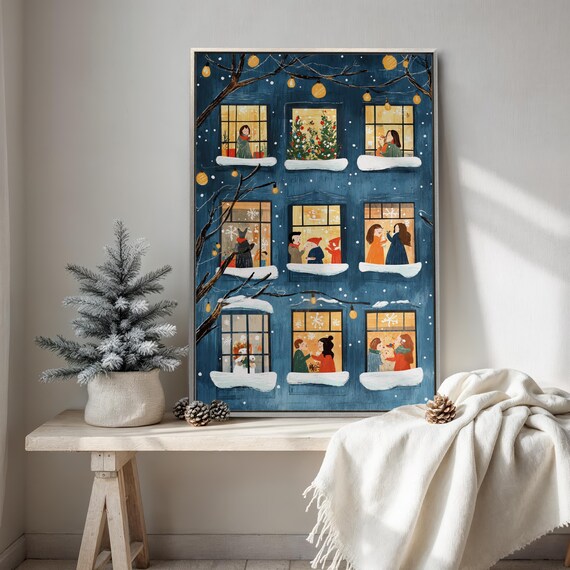 Christmas Windows Cozy Holiday Apartment Night Scene Art Poster