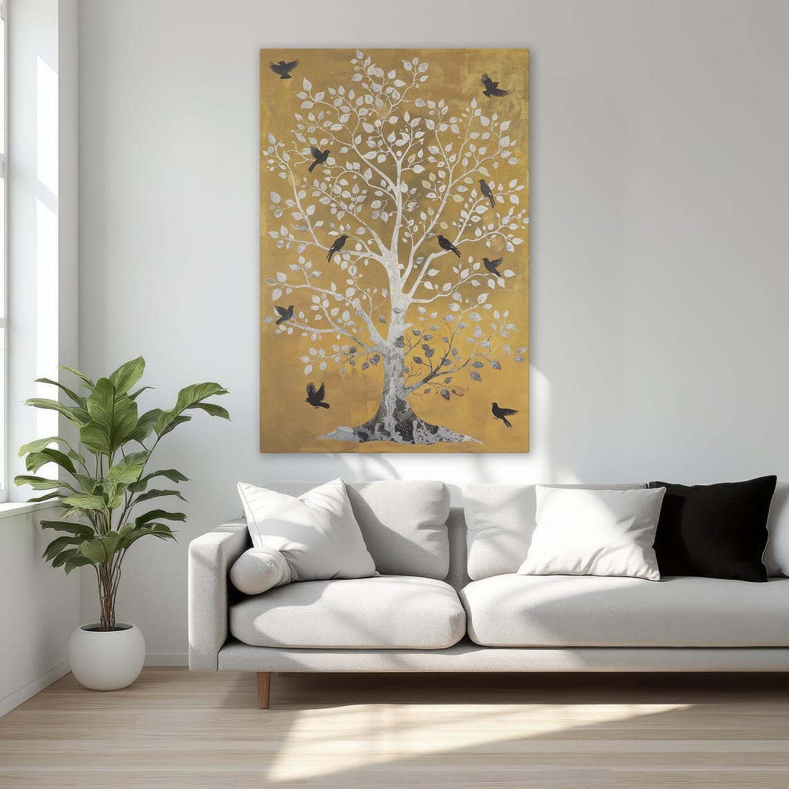 Silver Tree with Black Birds on Gold Background Elegant Art Poster