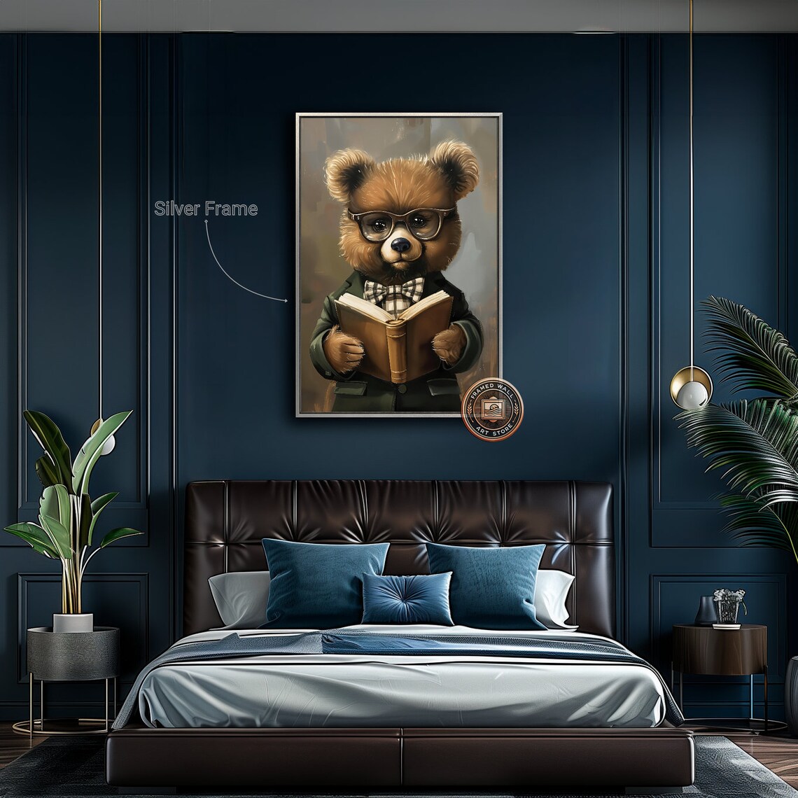 Cute Bear Cub Reading Book Glasses Bow Tie Formal Attire Kids Room Poster - Image 2