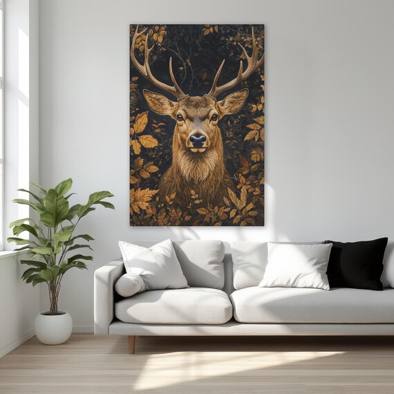 Majestic Stag In Dark Autumn Forest Wildlife Canvas Art Poster