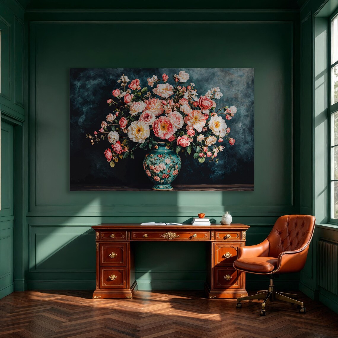 Pink Roses Bouquet In Ornate Vase Floral Still Life Art Poster