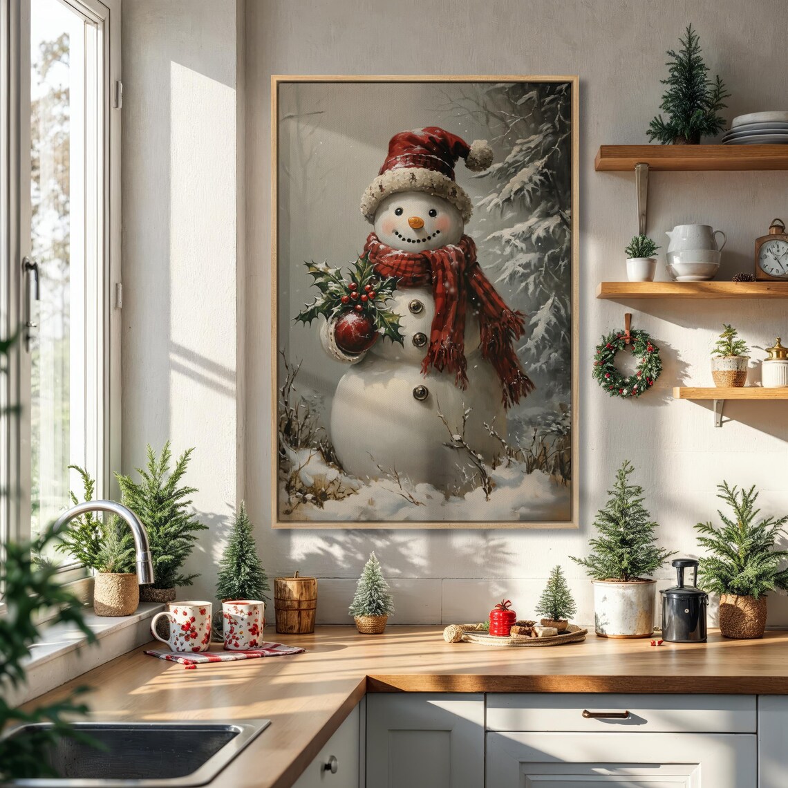 Vintage Snowman with Red Hat and Scarf in Snowy Forest Painting Poster