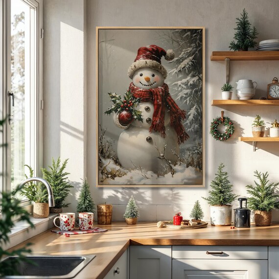 Vintage Snowman with Red Hat and Scarf in Snowy Forest Painting Poster