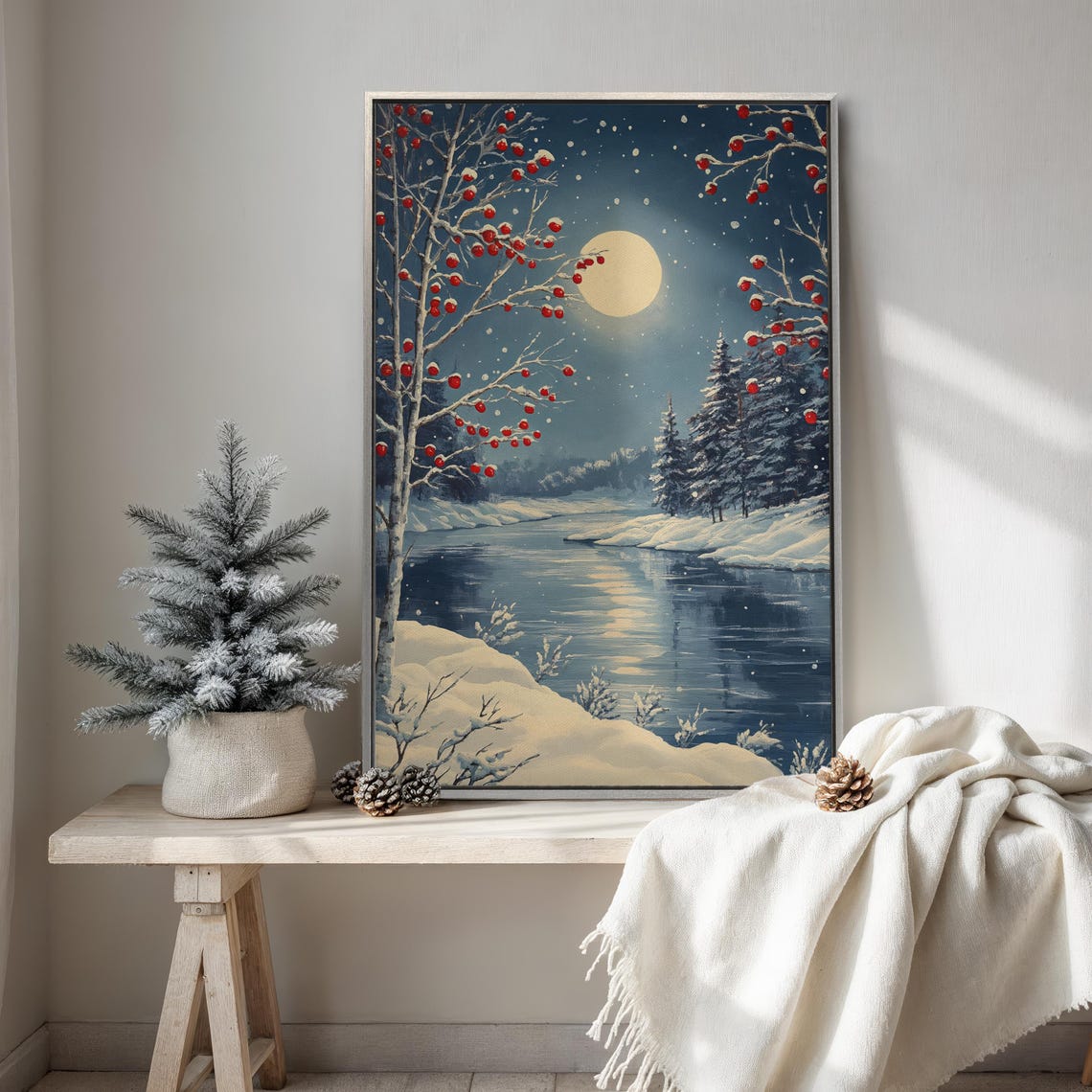 Winter Full Moon Over Snowy River Moonlit Night Landscape Poster
