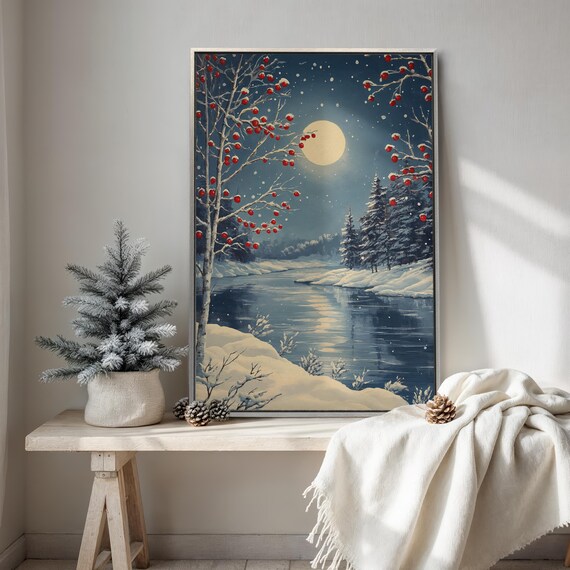Winter Full Moon Over Snowy River Moonlit Night Landscape Poster