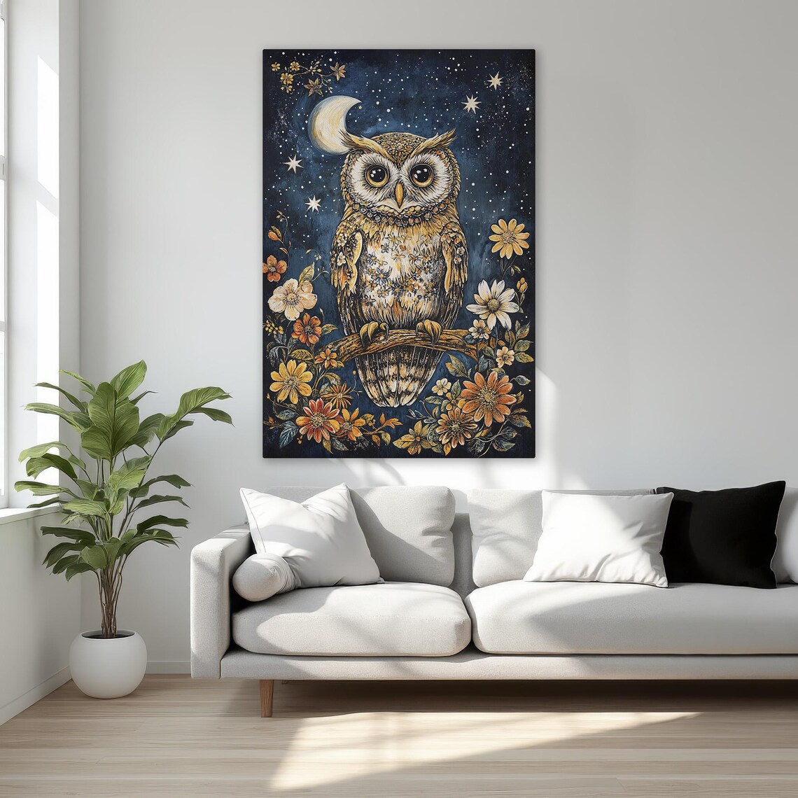 Owl On Branch Starry Night Crescent Moon Floral Wildlife Art Poster
