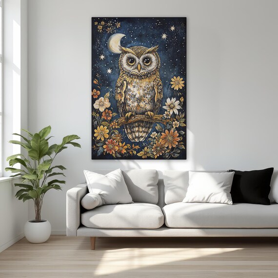 Owl On Branch Starry Night Crescent Moon Floral Wildlife Art Poster