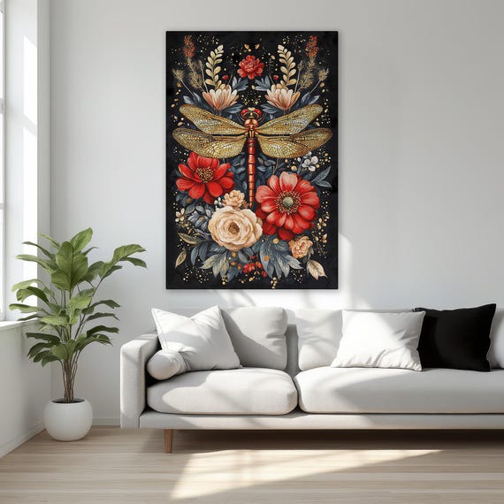 Botanical Art Framed Canvas Print Delightful Dragonfly Red And White Flowers Wall Floral Decor Gift For Her Ready To Hang