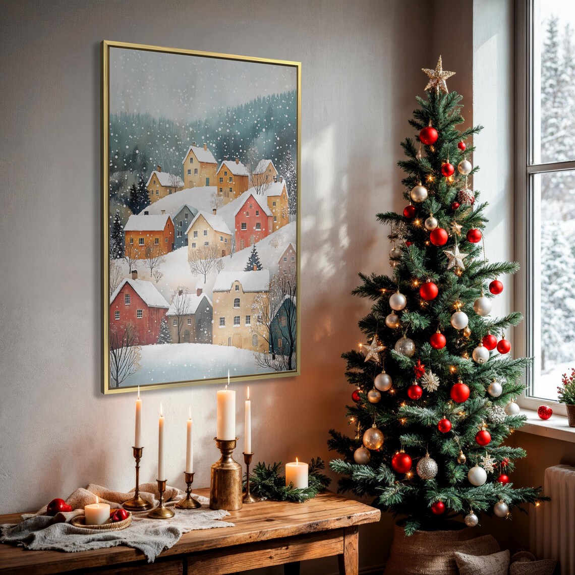 Snowy Winter Village Colorful Houses Hillside Holiday Christmas Poster