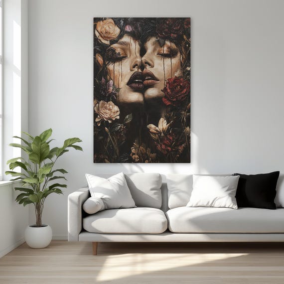 Gothic Twin Girls With Roses Framed Canvas Print Dark Floral Wall Art Mysterious Feminine Dramatic Decor Ready To Hang