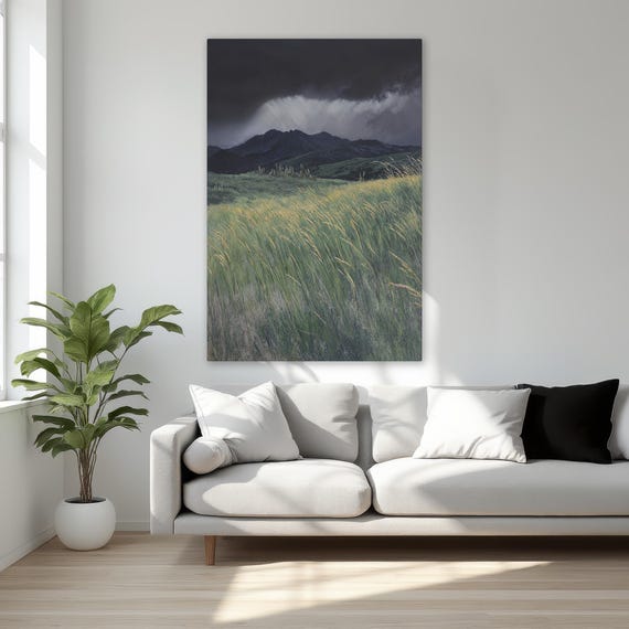 Dramatic Stormy Sky Mountain Landscape Framed Canvas Print Nature Wall Art Rolling Hills Peaceful Grassy Meadow Decor Ready To Hang