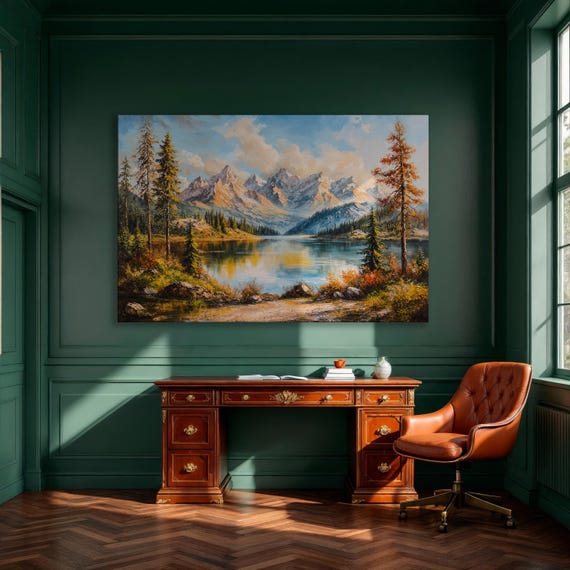 Snowy Mountain By Lake Nature Beauty Framed Canvas Print Tranquil Scenery With Green Pine Forest Wall Art Decor Ready To Hang