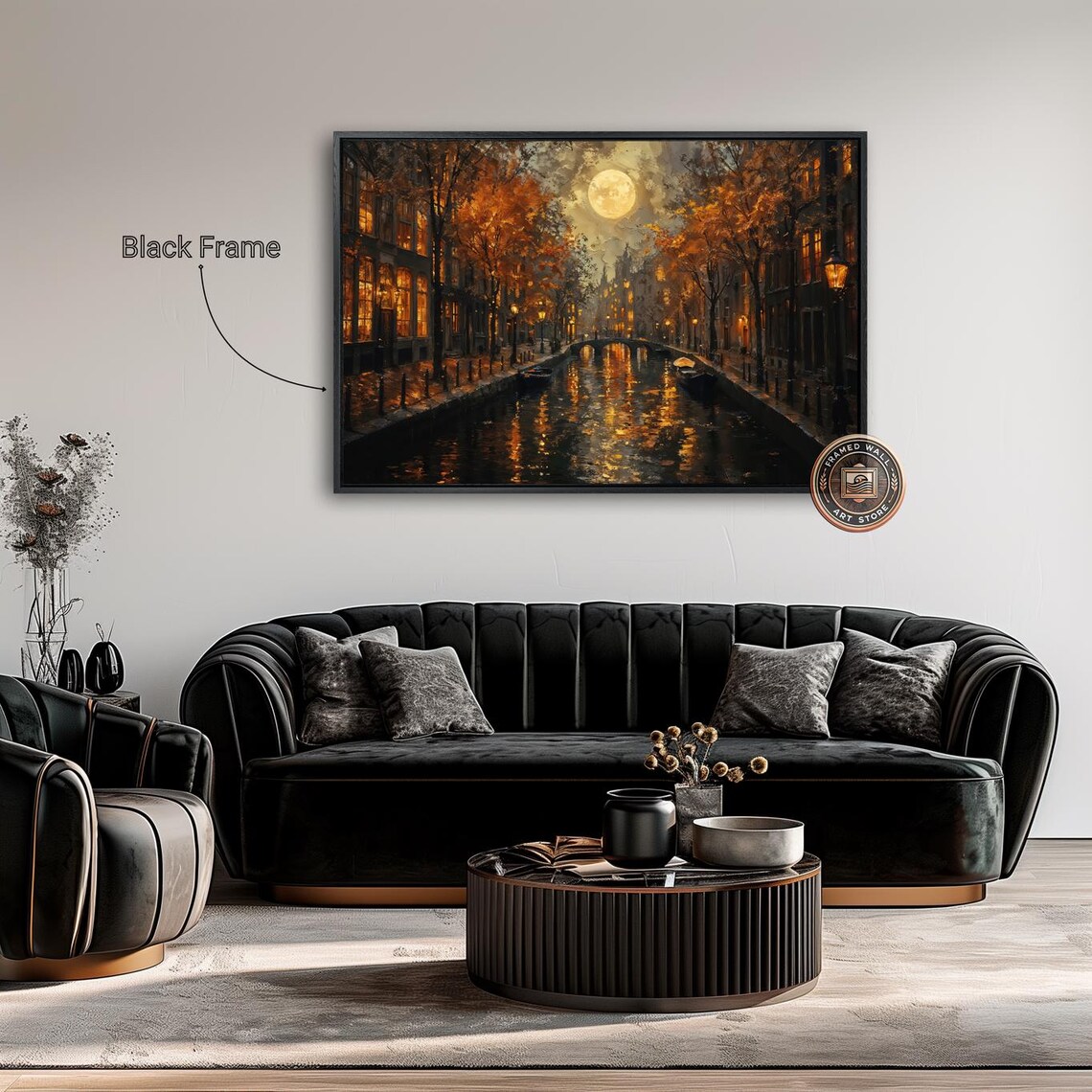 Moonlit Old Town Canal Night Lights Autumn Trees Cityscape Art Poster - Image 4