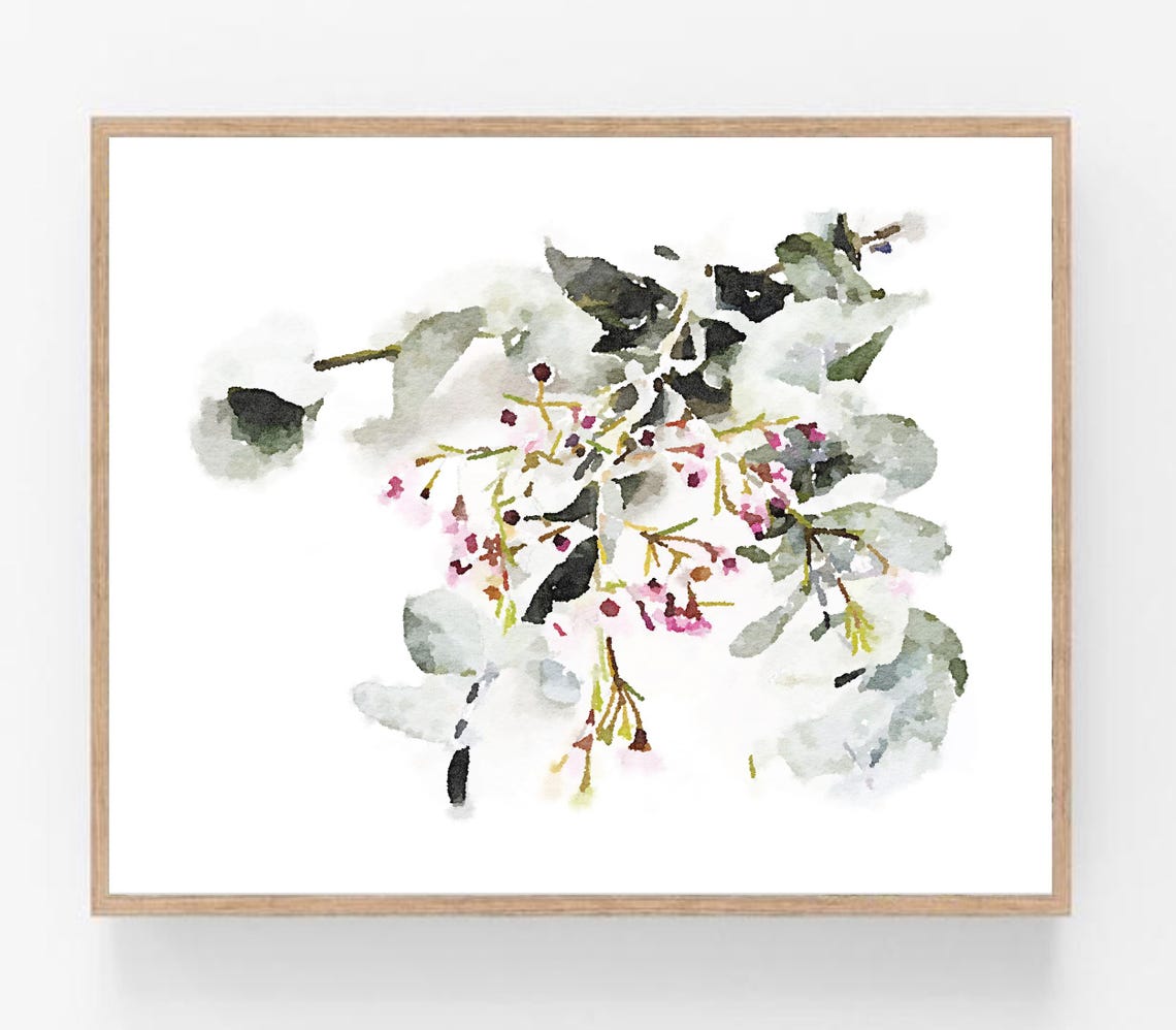 Eucalyptus and Wax Flower Watercolor Poster in Neutral Spa Tones Art