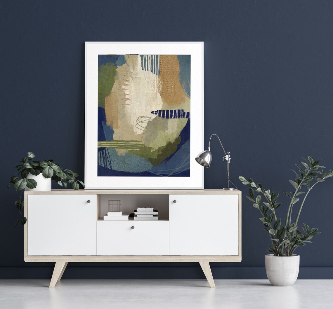 Neutral Abstract Blue Green Beige Modern Art Print